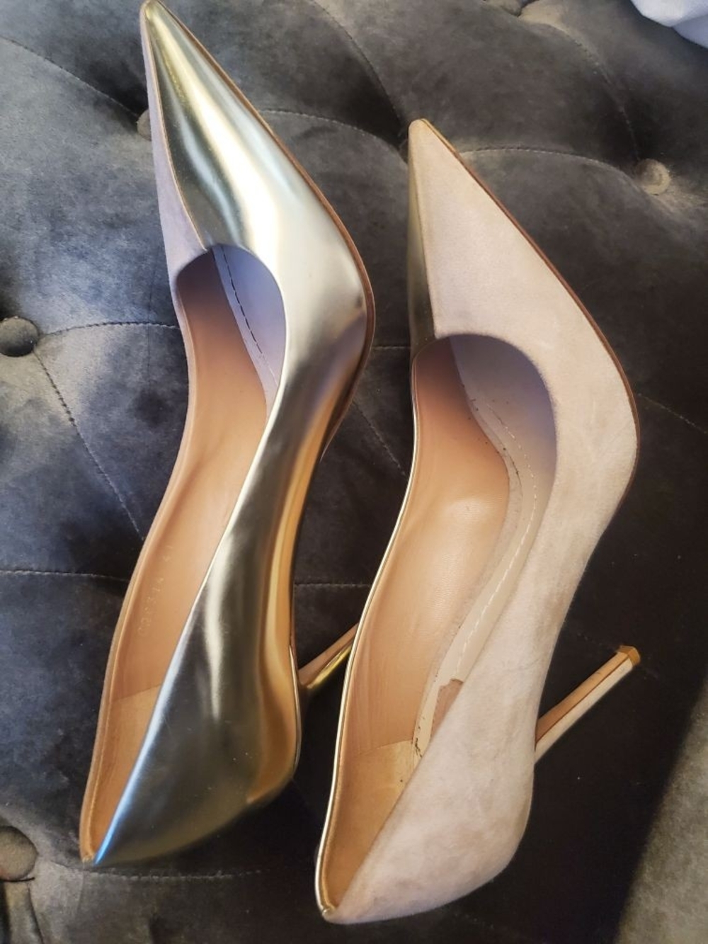 Classic Women's Pointed Toe Stiletto Pump in Gold and Beige